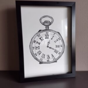 Azulejo ilustrado a plumilla con un reloj de bolsillo, enmarcado, de Elena Rosa