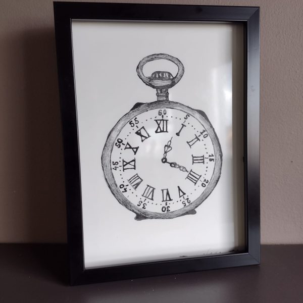 Azulejo ilustrado a plumilla con un reloj de bolsillo, enmarcado, de Elena Rosa