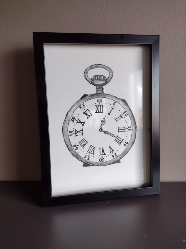 Azulejo ilustrado a plumilla con un reloj de bolsillo, enmarcado, de Elena Rosa