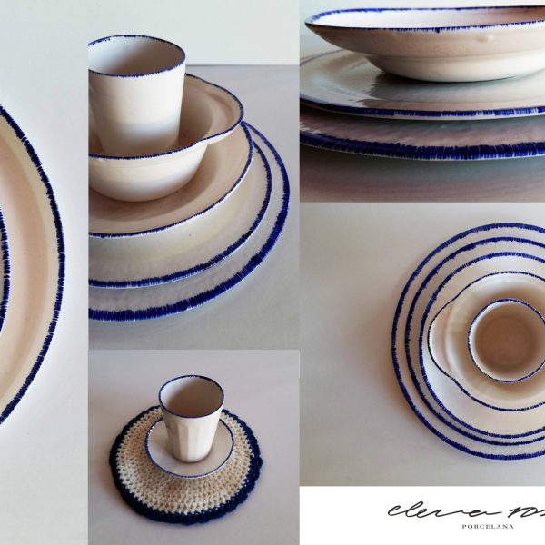 Vajilla azul completa de porcelana pintada a mano: platos, cuenco y taza con borde azul cobalto